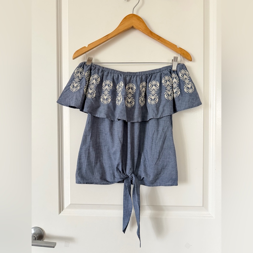 American Rag Blue Embroidered Off-Shoulder Tie Top